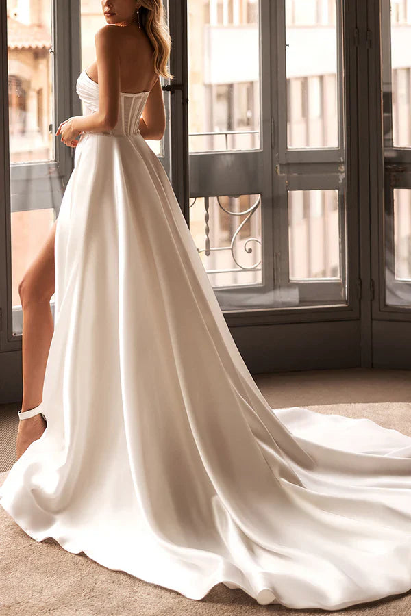 Luolandi A line sweetheart shaped high slit pocket satin wedding dress Off Shoulder Sexy